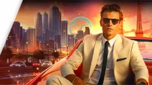 Image featuring a stylish man in a white suit and sunglasses sitting in a luxury car against the backdrop of a glowing city skyline, promoting the best bonuses at 7K Online Casino.